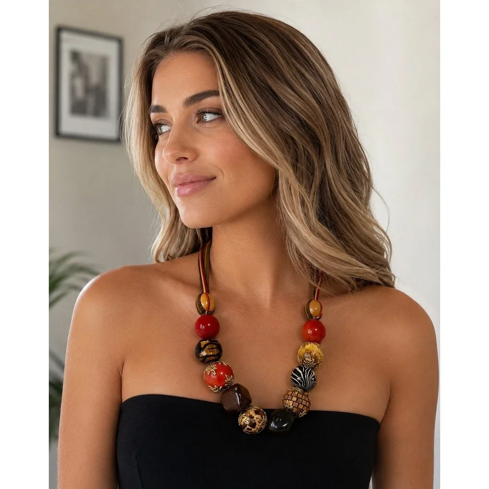 Chunky Animal Print Bead Ribbon Tie Necklace Red Brown Gold Tone Statement